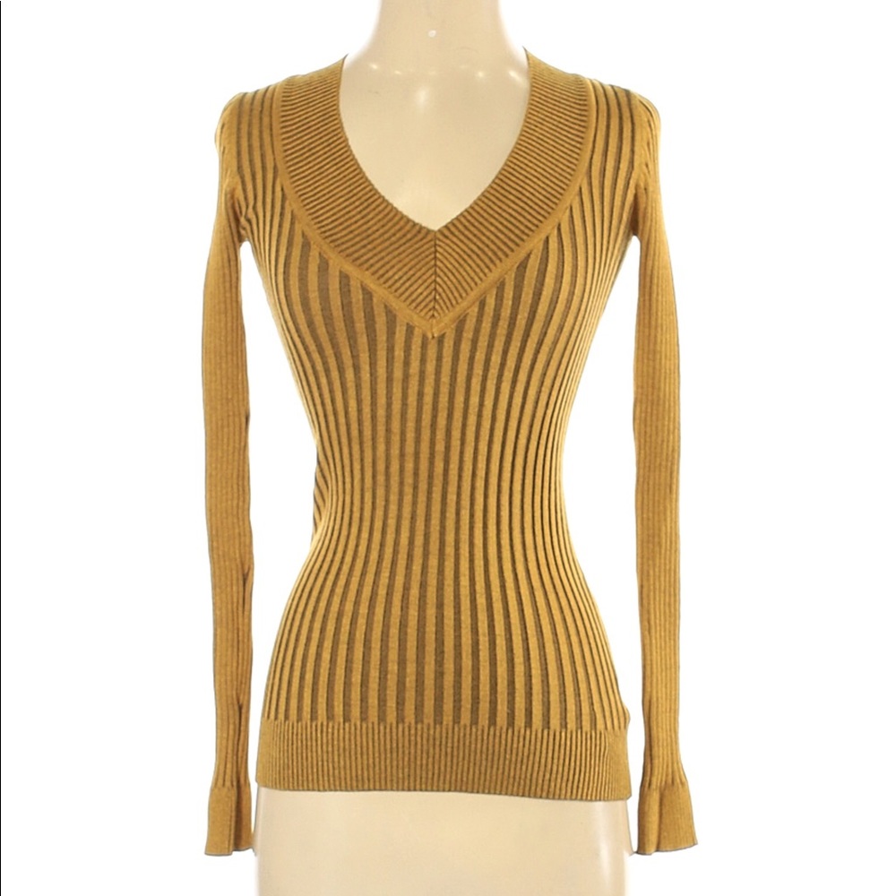 Grane Ribbed V Neck Yellow Sweater Small Mustard Black Stripe